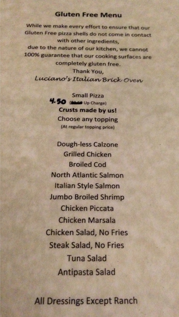 Luciano's Italian Brick Oven Gluten Free Menu