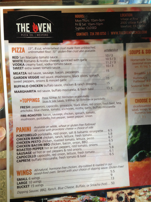 Part Of The Laminated Oven Pizza Co. Menu